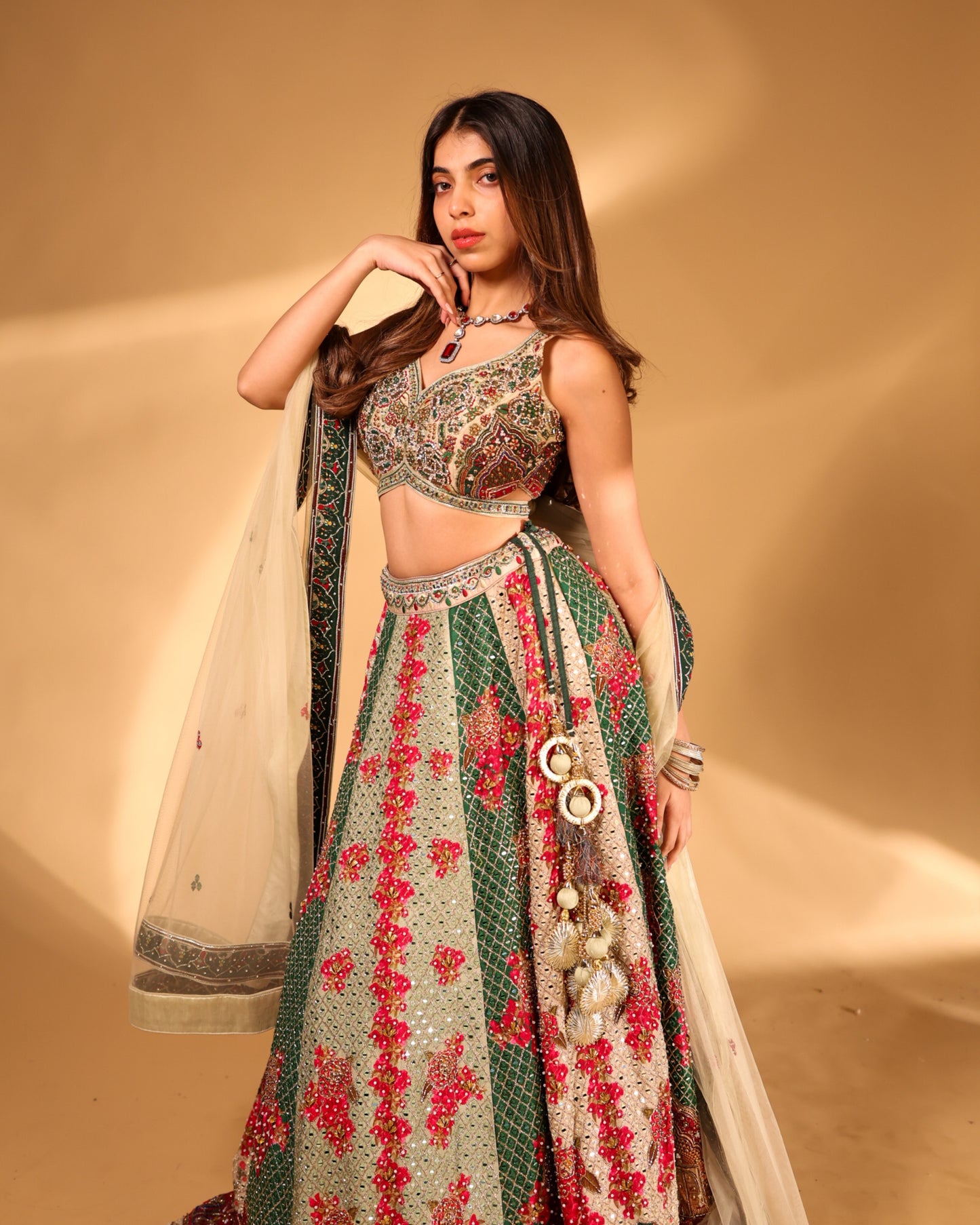 Emerald Green & Ivory Floral Mirror-Work Lehenga Choli