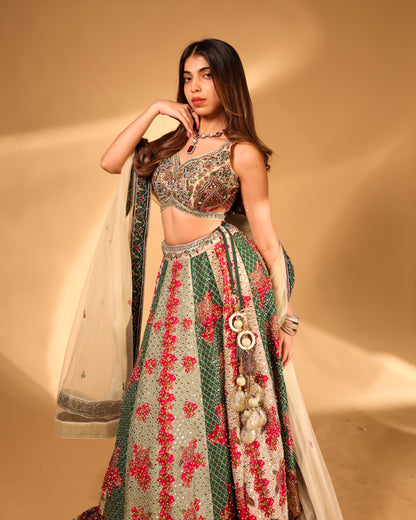 Emerald Green & Ivory Floral Mirror-Work Lehenga Choli