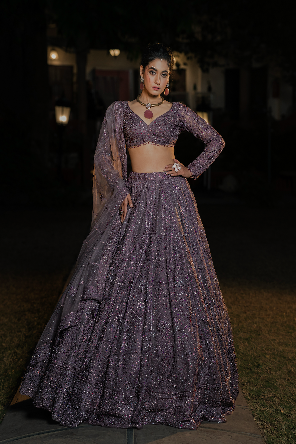 Exquisite Midnight Purple Net Lehenga Choli with Sequins & Embroidery