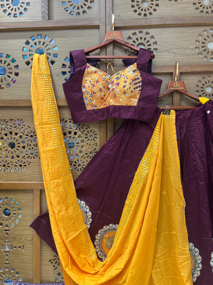 Festive Maroon & Mustard Embroidered Chaniya Choli