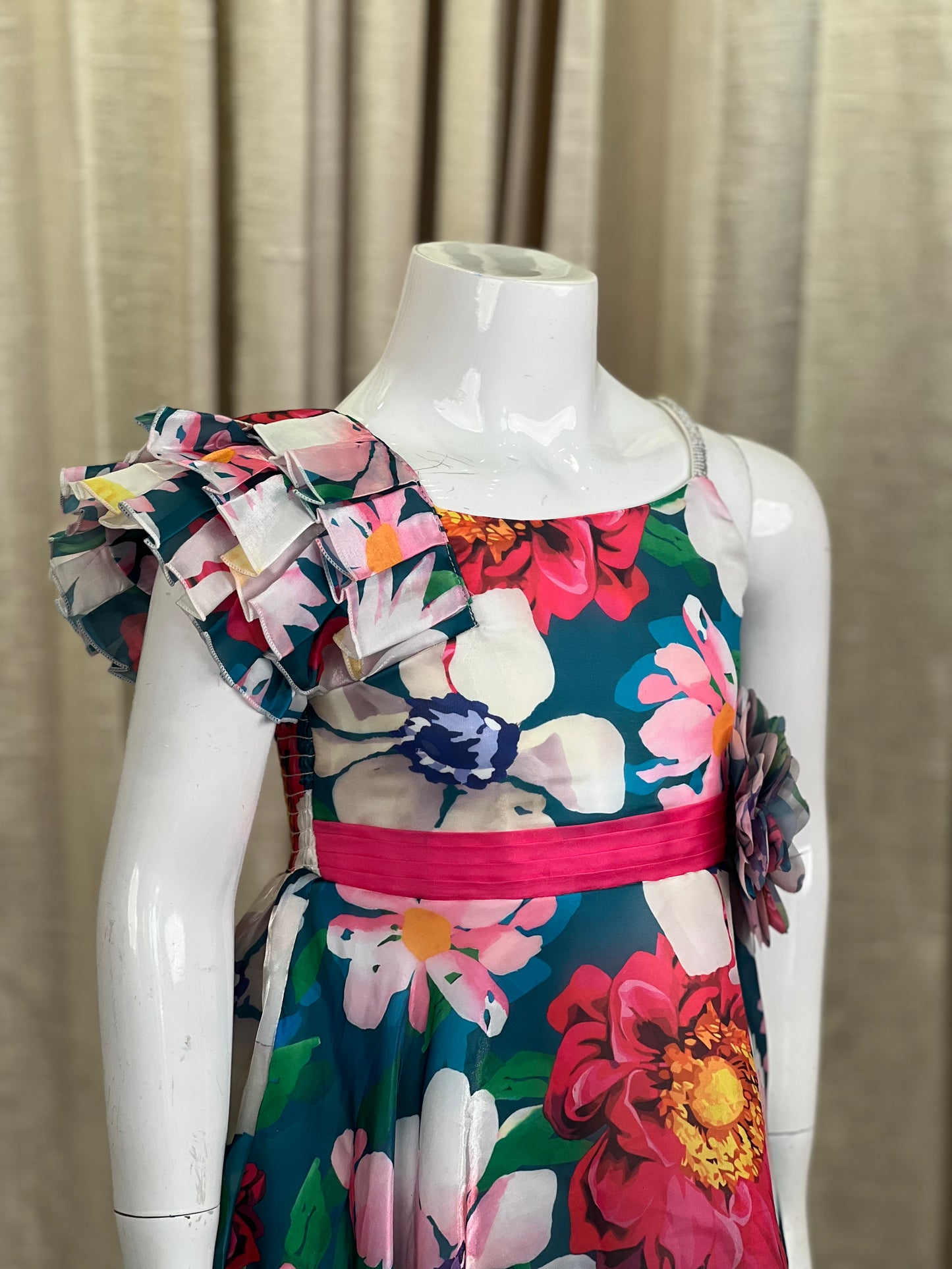 Floral One-Shoulder Girls Party Gown in Multi-Color Organza