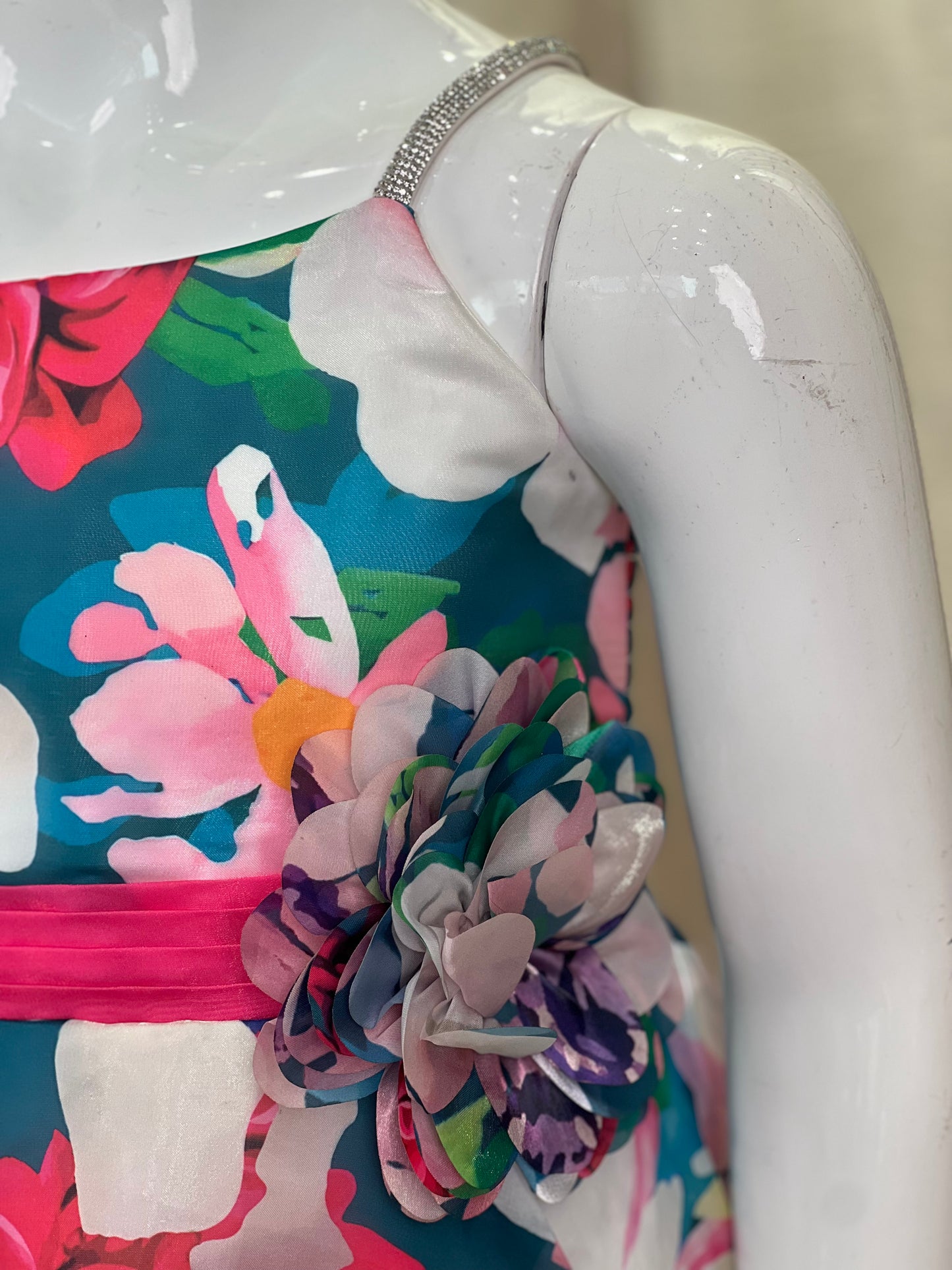 Floral One-Shoulder Girls Party Gown in Multi-Color Organza