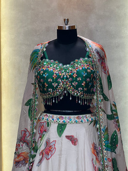 Floral & Bird Print Lehenga with Embellished Green Blouse