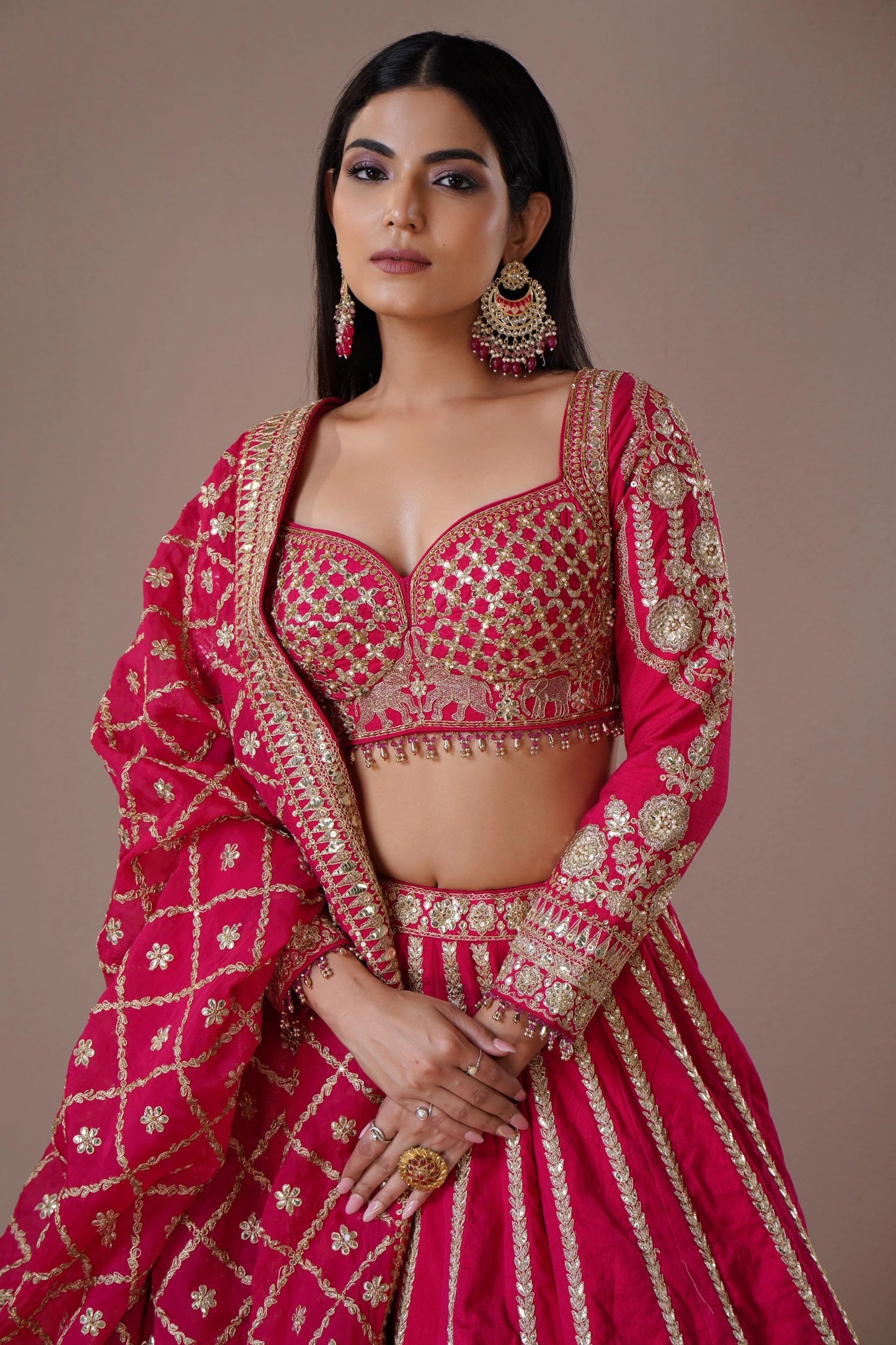 Fuchsia Pink Raw Silk Lehenga with Mirror and Zardosi Embroidery