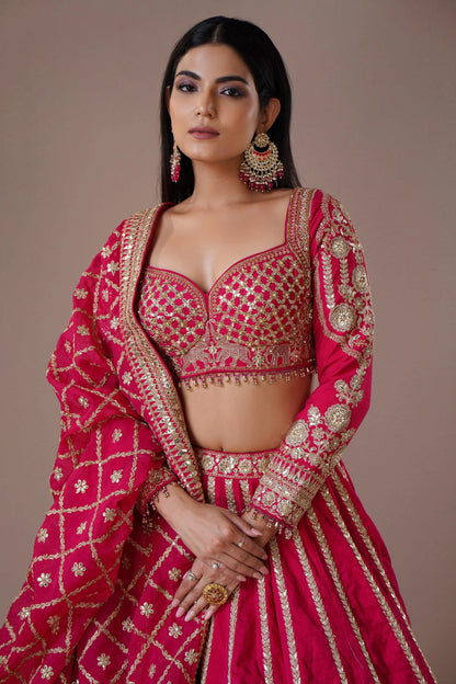 Fuchsia Pink Raw Silk Lehenga with Mirror and Zardosi Embroidery