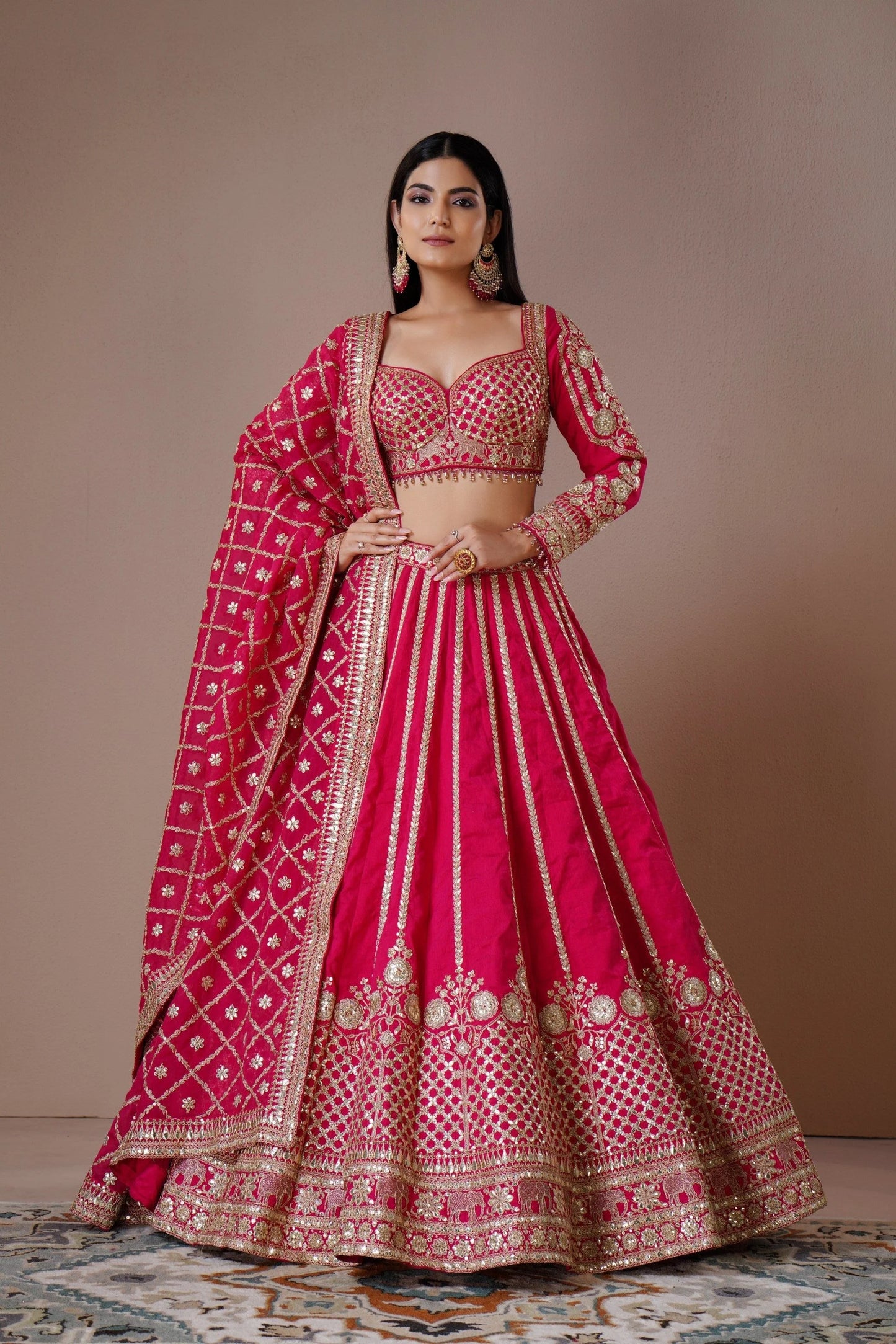 Fuchsia Pink Raw Silk Lehenga with Mirror and Zardosi Embroidery