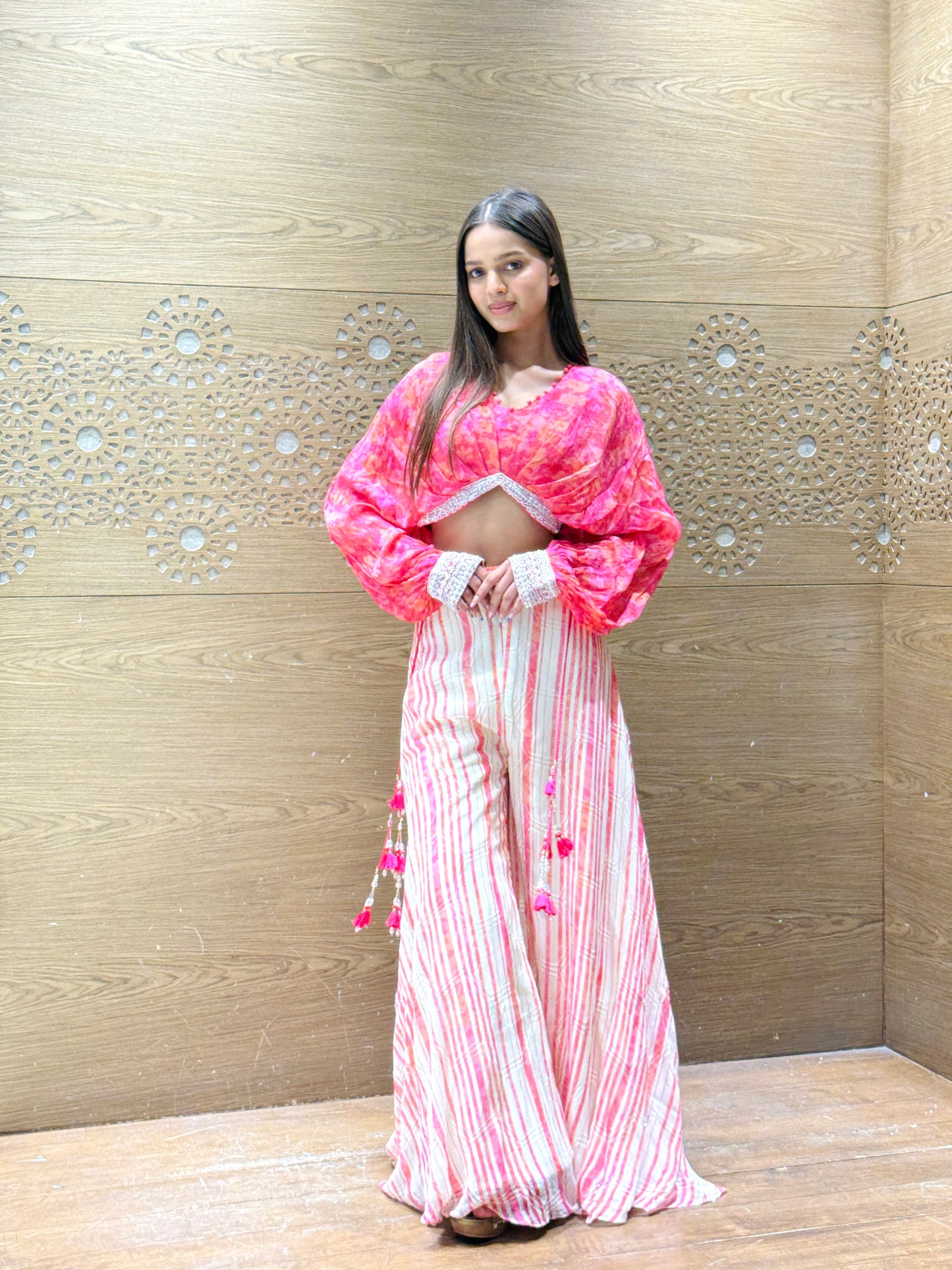 Fuchsia Pink Tie-Dye Co-ord Set with Tassel Accents