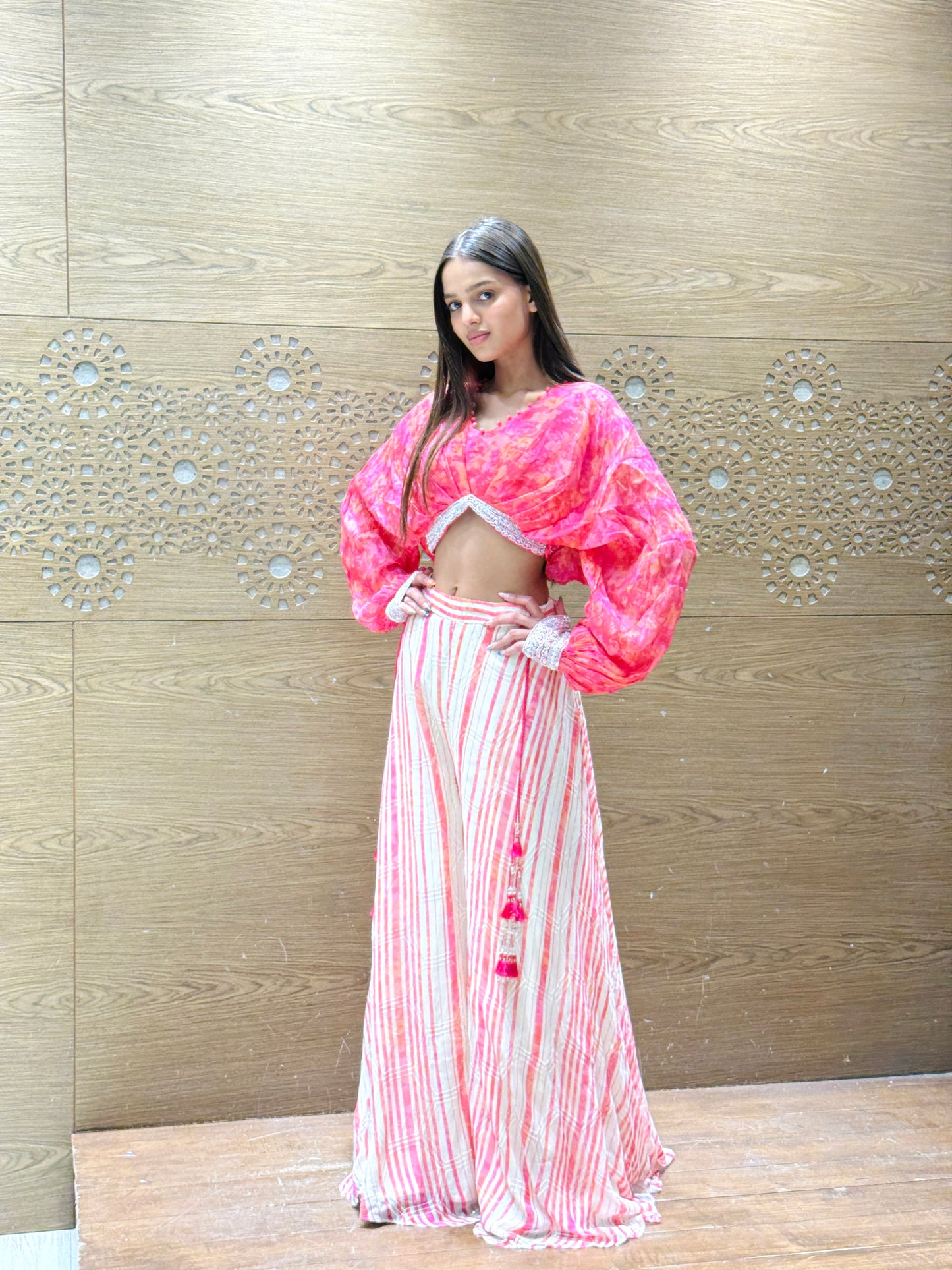 Fuchsia Pink Tie-Dye Co-ord Set with Tassel Accents