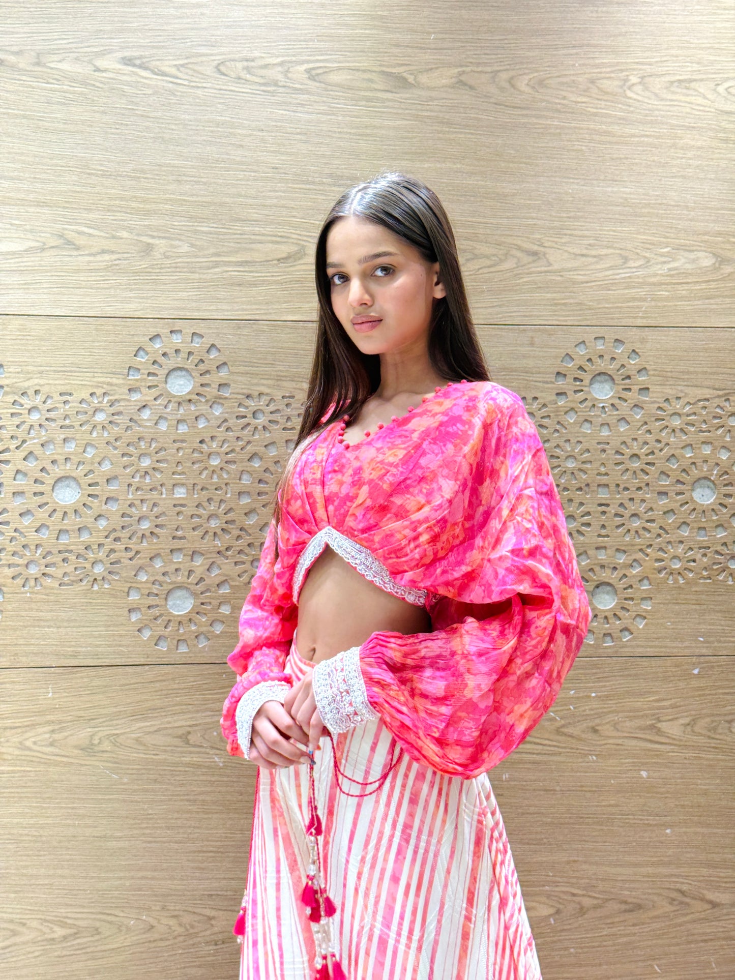 Fuchsia Pink Tie-Dye Co-ord Set with Tassel Accents