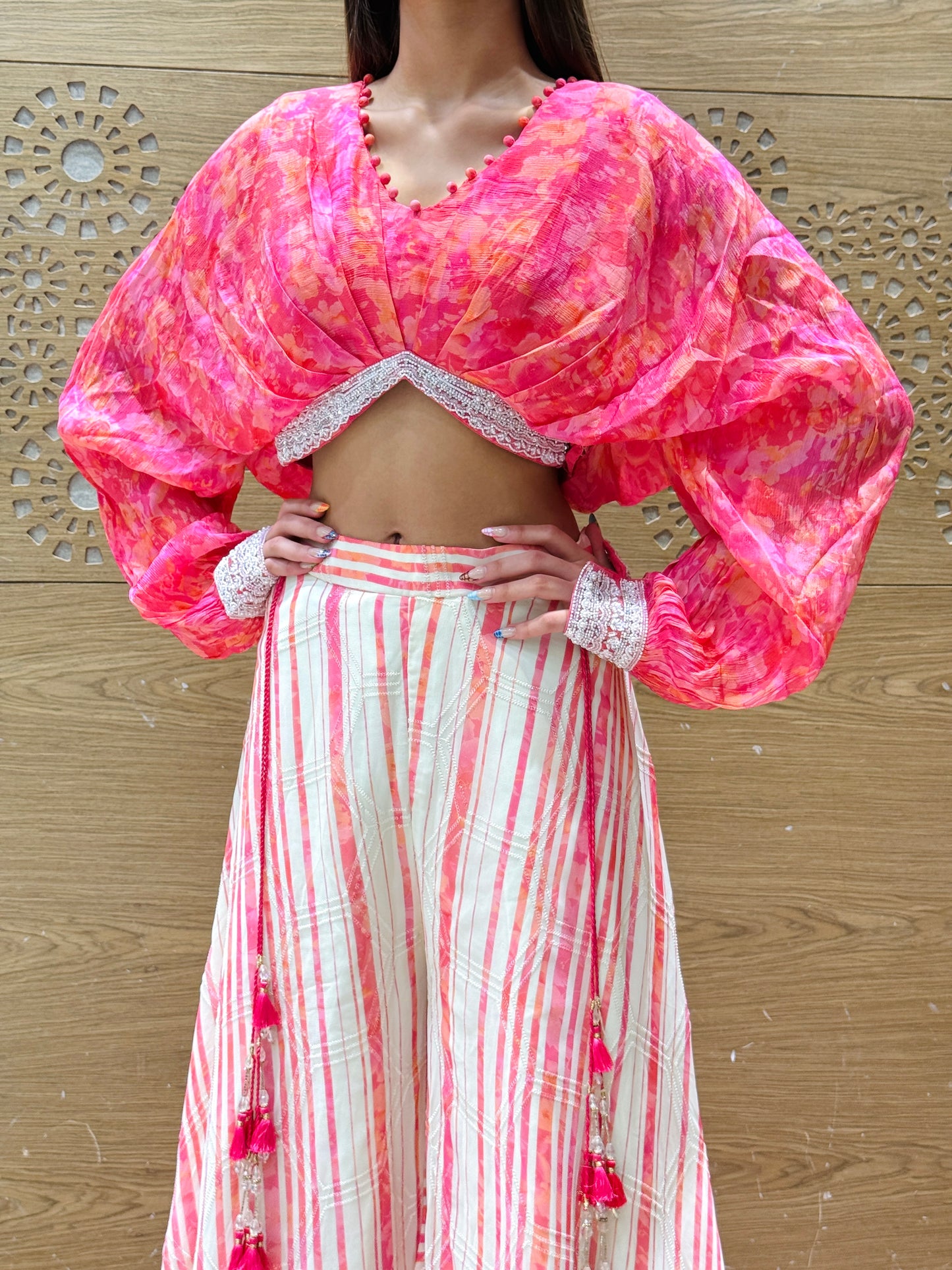 Fuchsia Pink Tie-Dye Co-ord Set with Tassel Accents