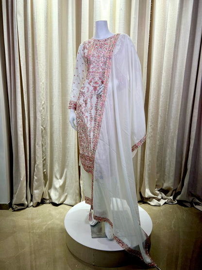 Ivory White Embroidered Kurti Set with Subtle Sequin Accents