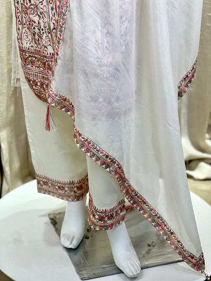 Ivory White Embroidered Kurti Set with Subtle Sequin Accents