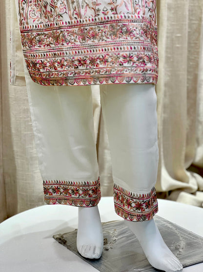 Ivory White Embroidered Kurti Set with Subtle Sequin Accents