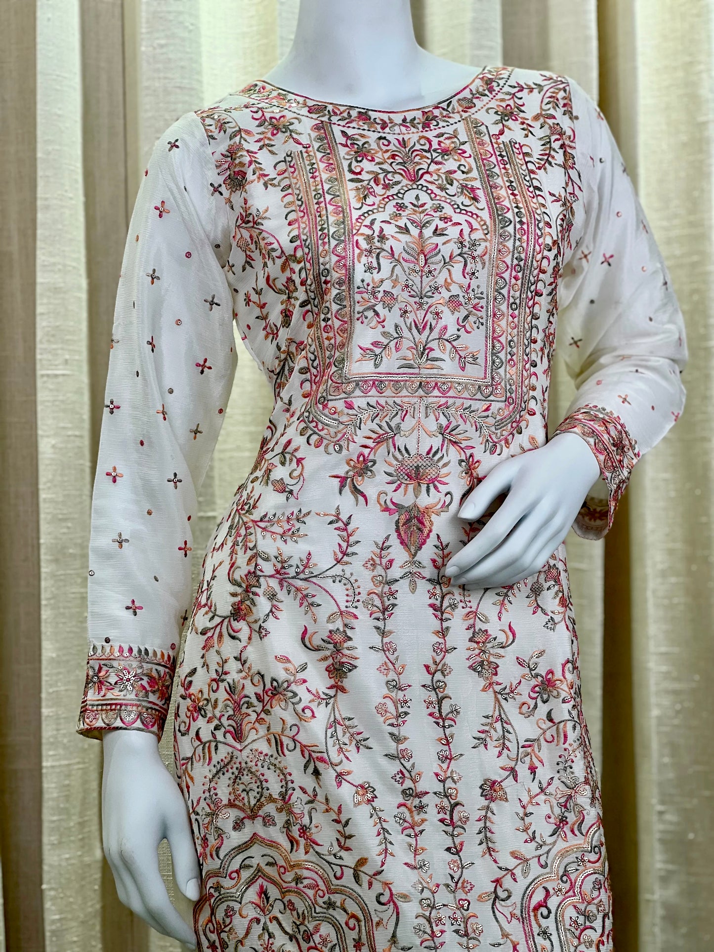 Ivory White Embroidered Kurti Set with Subtle Sequin Accents