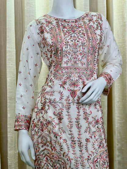 Ivory White Embroidered Kurti Set with Subtle Sequin Accents