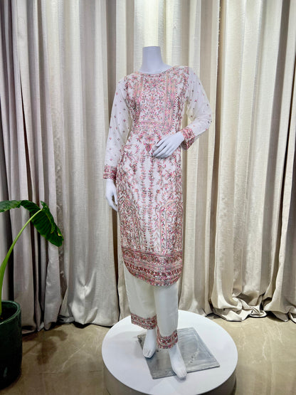 Ivory White Embroidered Kurti Set with Subtle Sequin Accents
