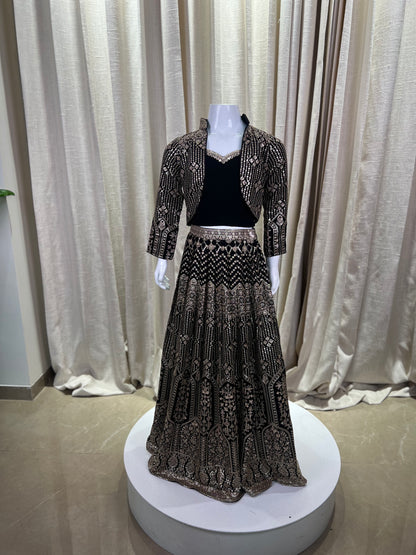 Girls Black Indo-Western Lehenga Set with Embellished Jacket