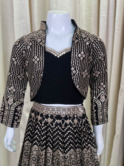 Girls Black Indo-Western Lehenga Set with Embellished Jacket