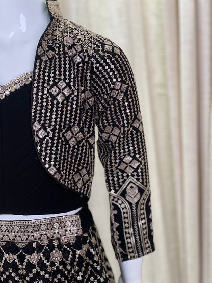Girls Black Indo-Western Lehenga Set with Embellished Jacket