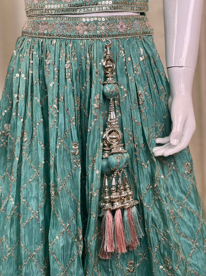 Girls Designer Mirror Work Gown in Pastel Green
