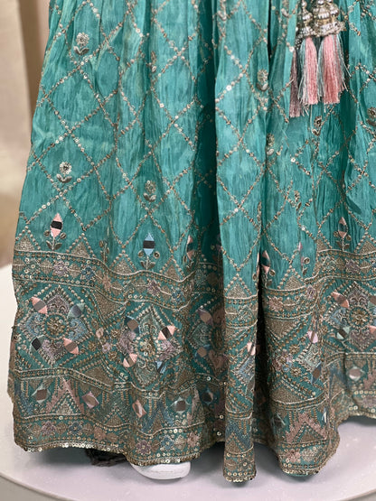 Girls Designer Mirror Work Gown in Pastel Green