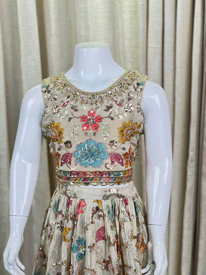 Girls Ivory Multicolor Embroidered Mirror Work Gown