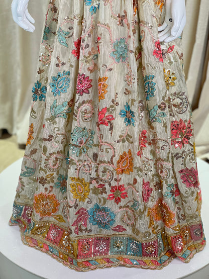 Girls Ivory Multicolor Embroidered Mirror Work Gown