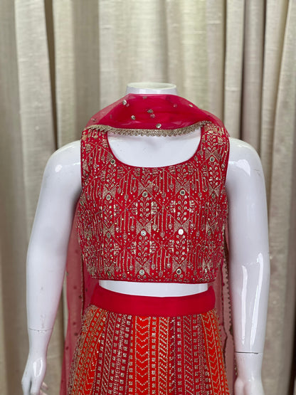 Girls Mirror Embroidered Red & Orange Ombre Lehenga Choli Set