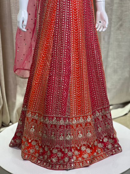 Girls Mirror Embroidered Red & Orange Ombre Lehenga Choli Set