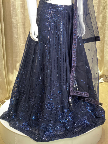 Girls Navy Blue Sequin Embroidered Lehenga Set with Net Dupatta