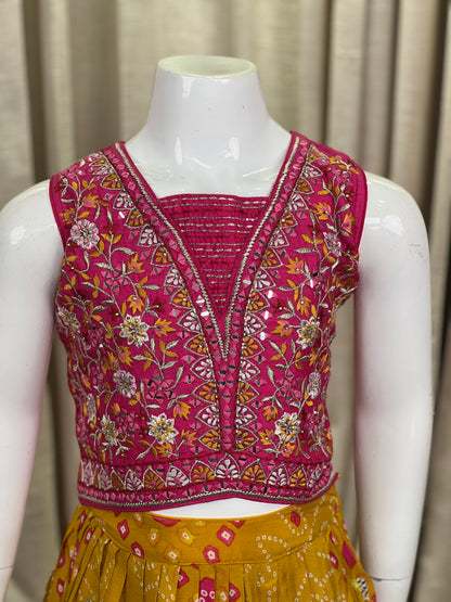 Girls Traditional Bandhani Lehenga Choli in Yellow & Pink