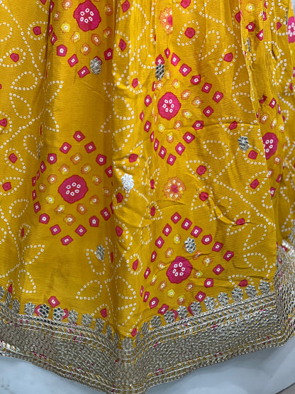 Girls Traditional Bandhani Lehenga Choli in Yellow & Pink
