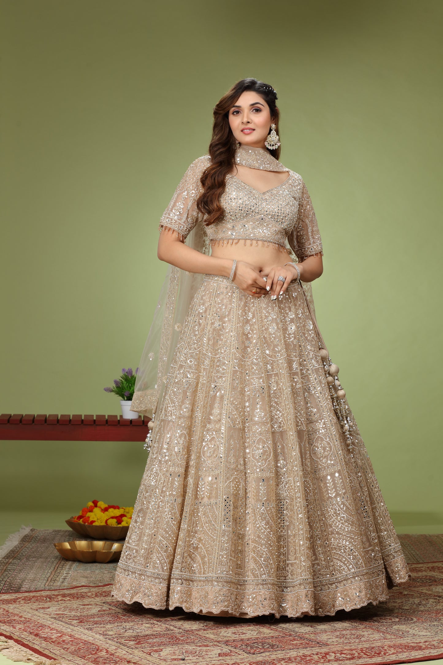 Gold Organza Zardosi Embroidered Lehenga Choli
