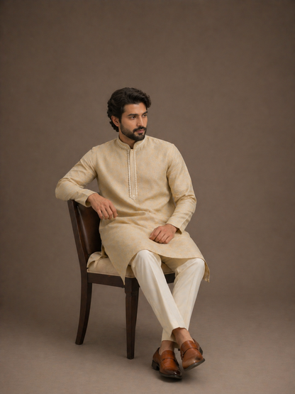Golden Beige Linen Traditional Long Kurta with Embroidered Neck Patti