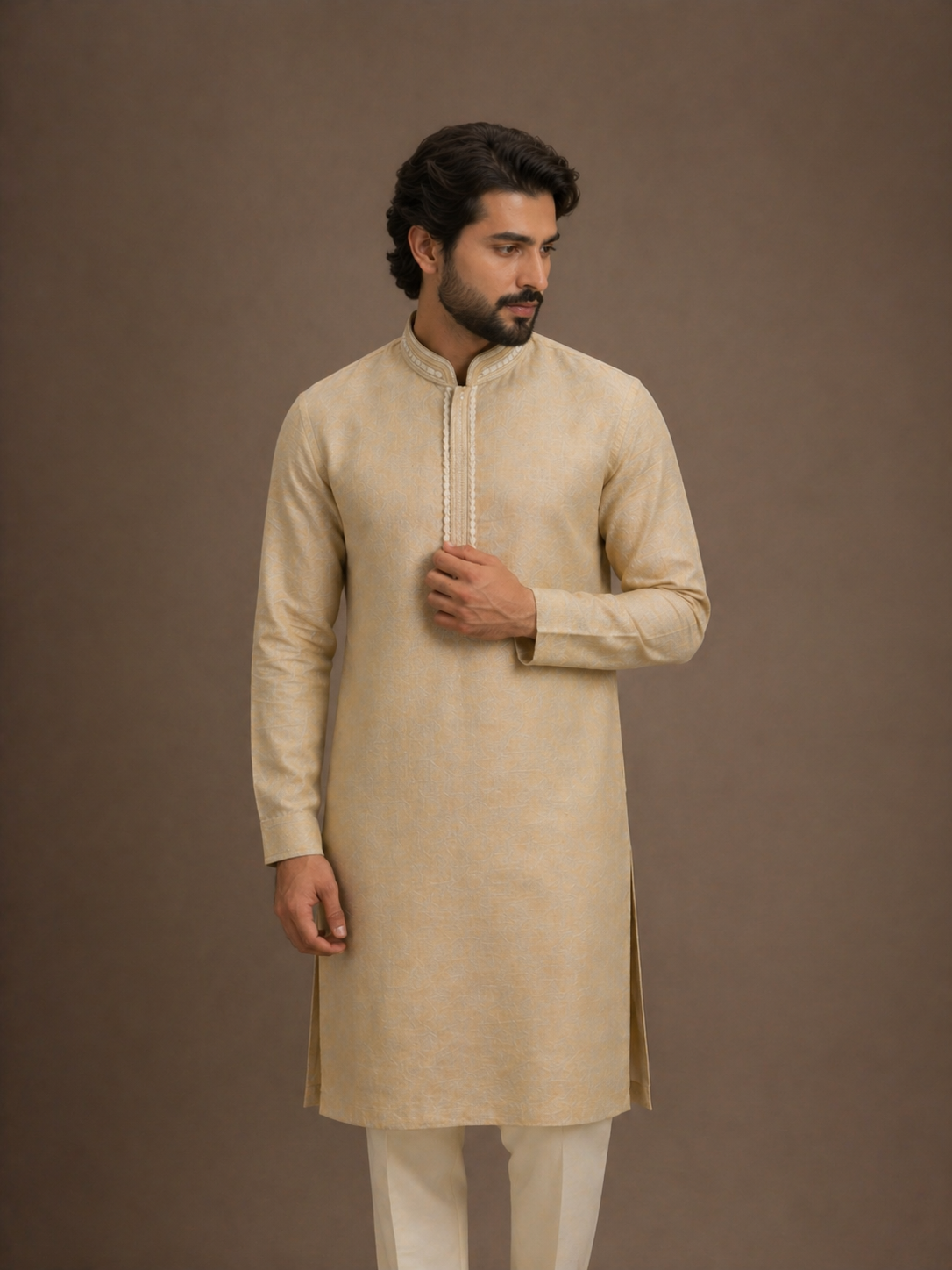 Golden Beige Linen Traditional Long Kurta with Embroidered Neck Patti