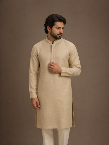 Golden Beige Linen Traditional Long Kurta with Embroidered Neck Patti