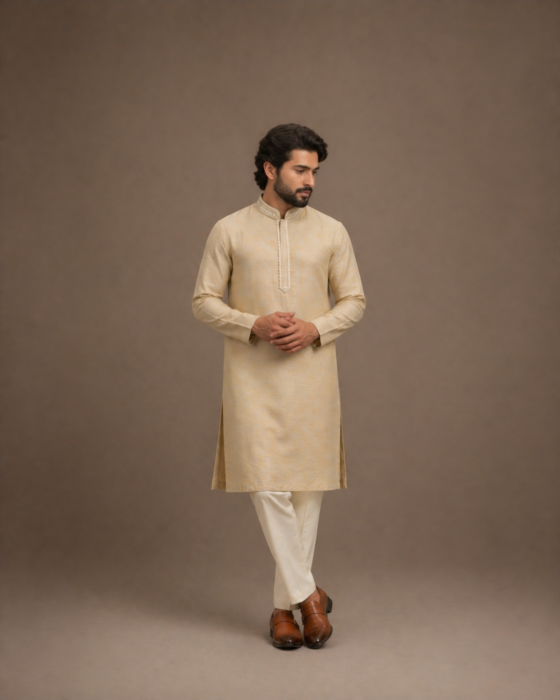 Golden Beige Linen Traditional Long Kurta with Embroidered Neck Patti