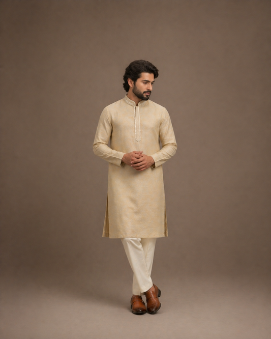 Golden Beige Linen Traditional Long Kurta with Embroidered Neck Patti