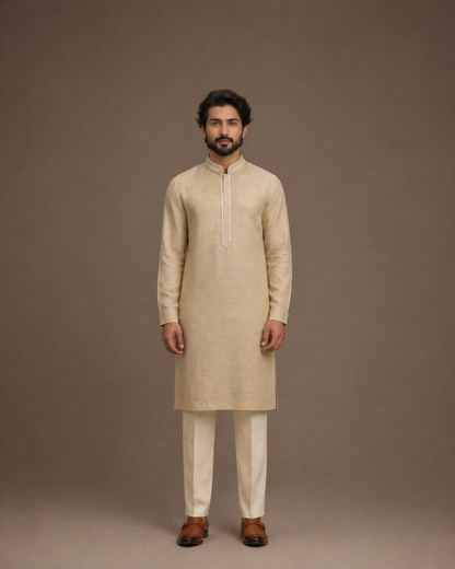 Golden Beige Linen Traditional Long Kurta with Embroidered Neck Patti