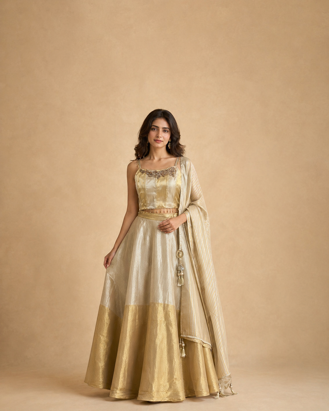Golden Beige Silk Lehenga Choli with Embroidered Blouse & Striped Dupatta