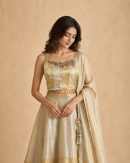 Golden Beige Silk Lehenga Choli with Embroidered Blouse & Striped Dupatta
