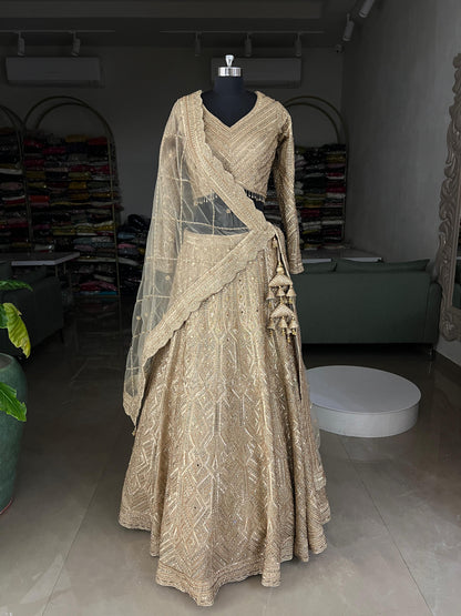 Golden Heavy Embroidered Georgette Lehenga Choli with Net Dupatta