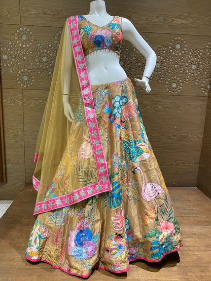Golden Multicolor Tropical & Flamingo Print Designer Lehenga