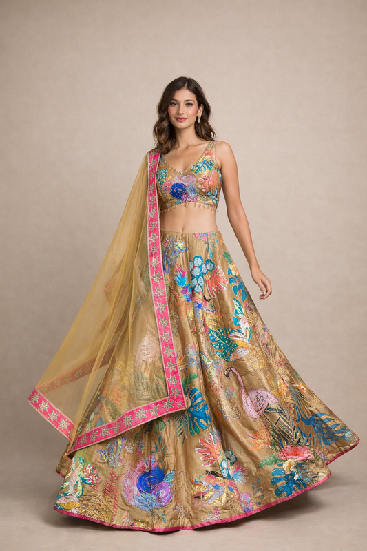 Golden Multicolor Tropical & Flamingo Print Designer Lehenga