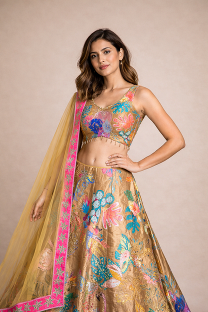 Golden Multicolor Tropical & Flamingo Print Designer Lehenga