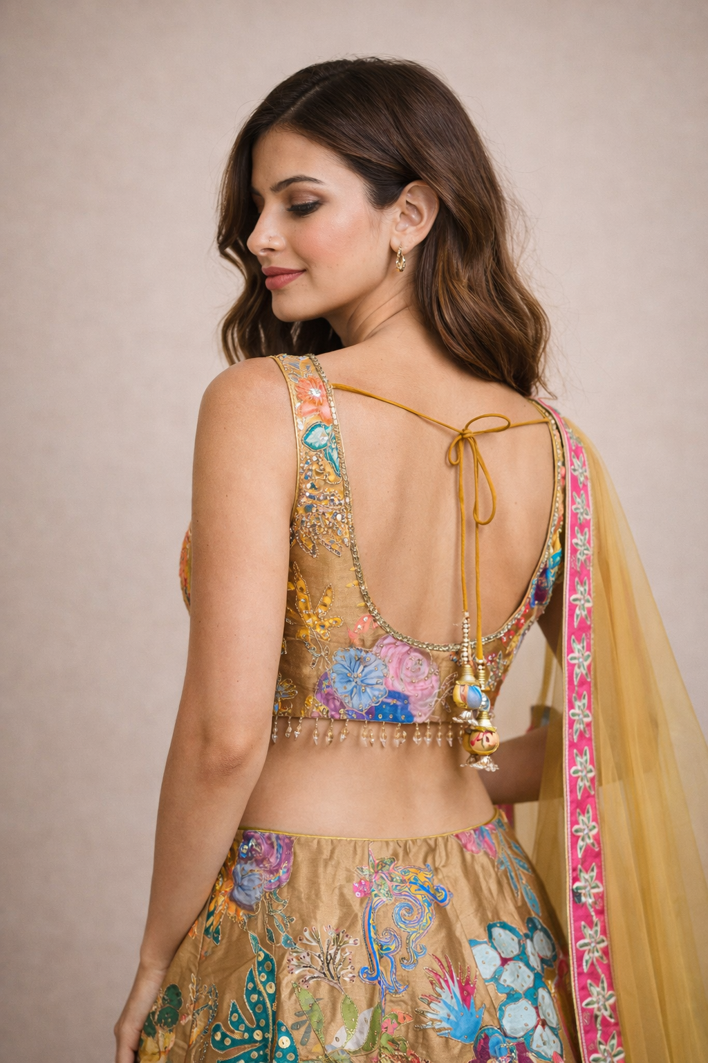 Golden Multicolor Tropical & Flamingo Print Designer Lehenga