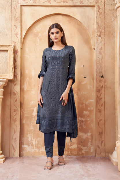 Graceful Blue Printed Cotton Suit with Subtle Thread Detailing