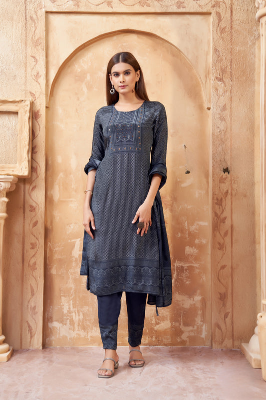 Graceful Blue Printed Cotton Suit with Subtle Thread Detailing