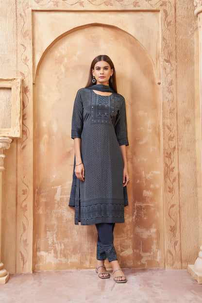 Graceful Blue Printed Cotton Suit with Subtle Thread Detailing