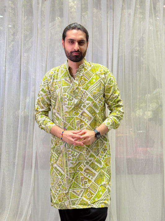 Green Batik Print Cotton Kurta